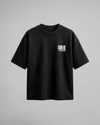 Camiseta oversize Solo Leveling No Questions, color negro, estampado azul, vista frontal