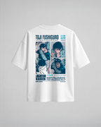 Camiseta oversize Toji Fushiguro de Jujutsu Kaisen, color blanco, estampado azul, vista trasera