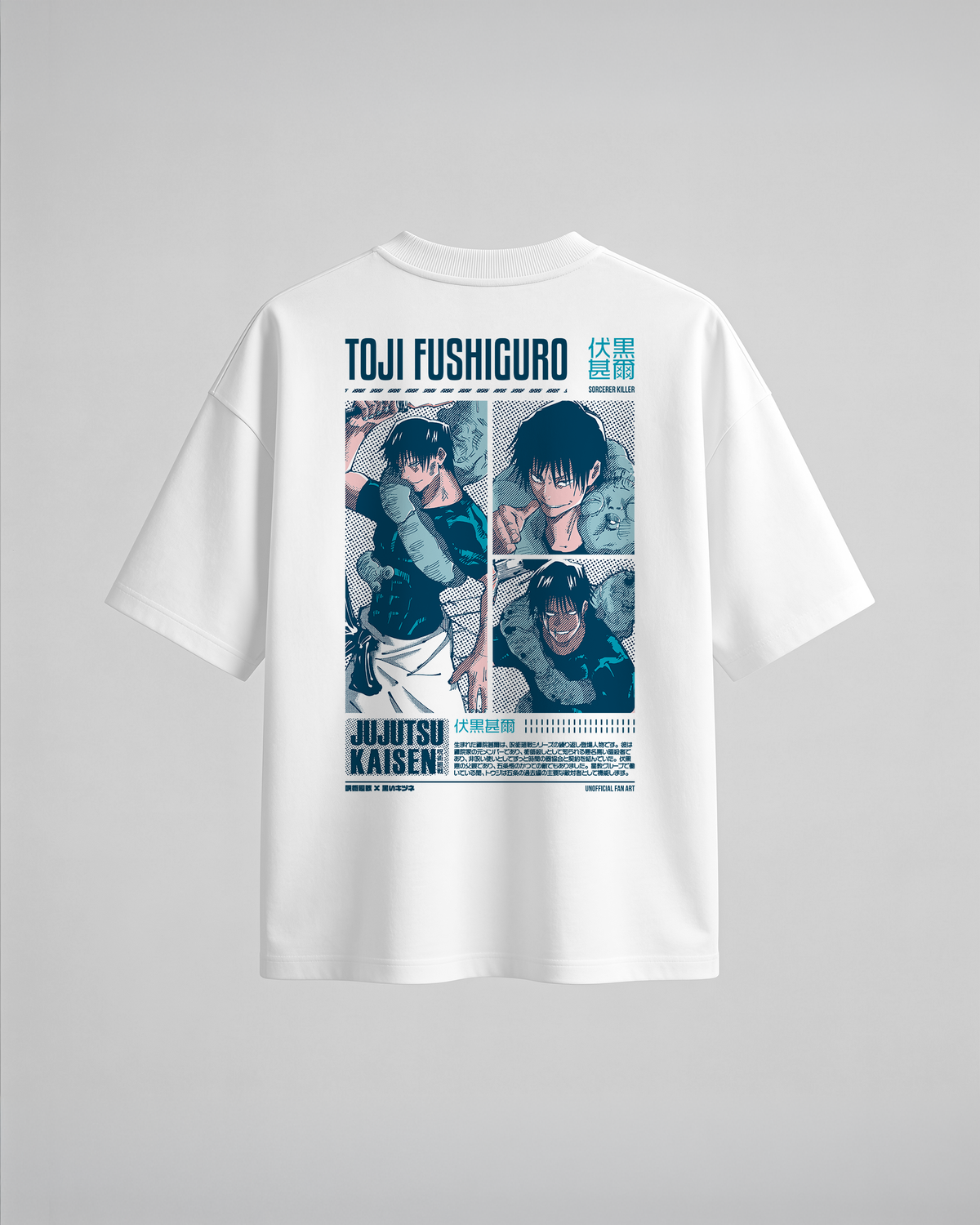 Camiseta oversize Toji Fushiguro de Jujutsu Kaisen, color blanco, estampado azul, vista trasera