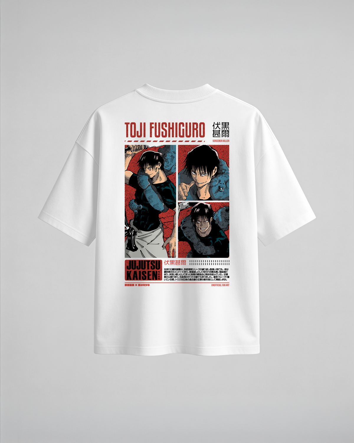 Camiseta oversize Toji Fushiguro de Jujutsu Kaisen, color blanco, estampado rojo, vista trasera