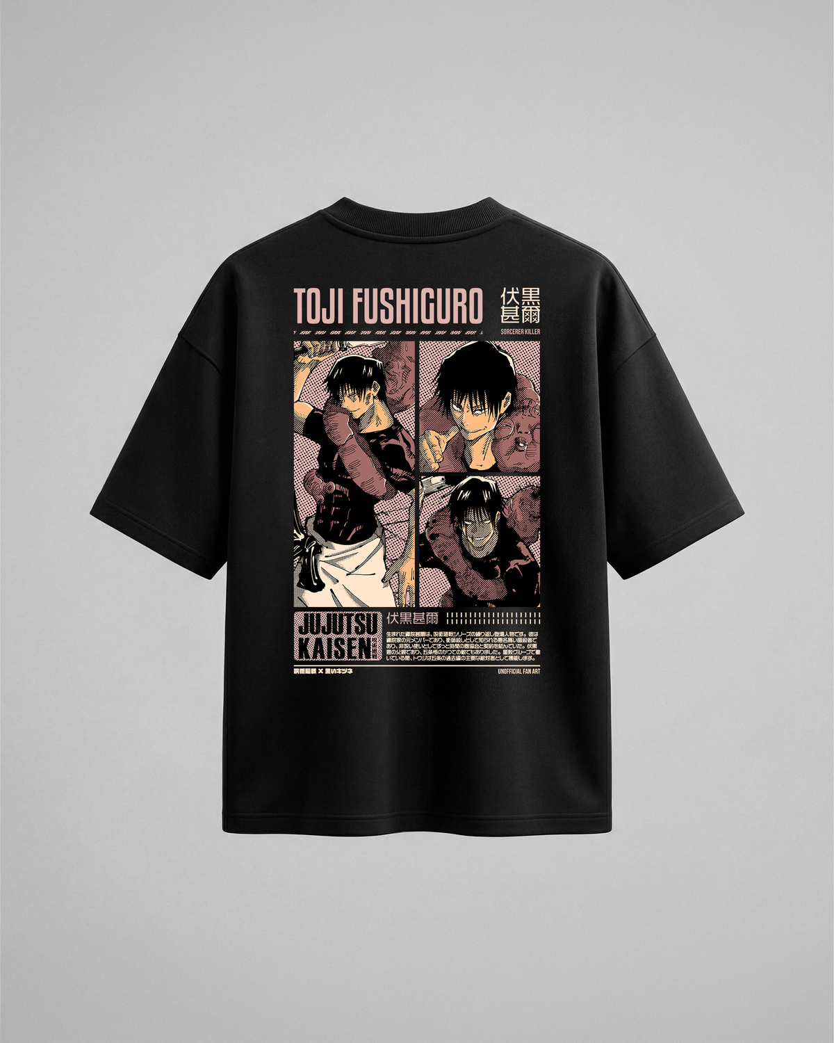 Camiseta oversize Toji Fushiguro de Jujutsu Kaisen, color negro, estampado rojo, vista trasera