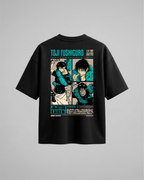 Camiseta oversize Toji Fushiguro de Jujutsu Kaisen, color negro, estampado turquesa, vista trasera