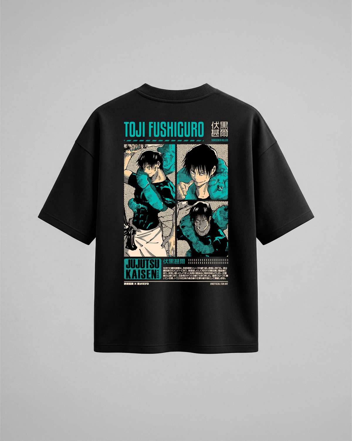 Camiseta oversize Toji Fushiguro de Jujutsu Kaisen, color negro, estampado turquesa, vista trasera