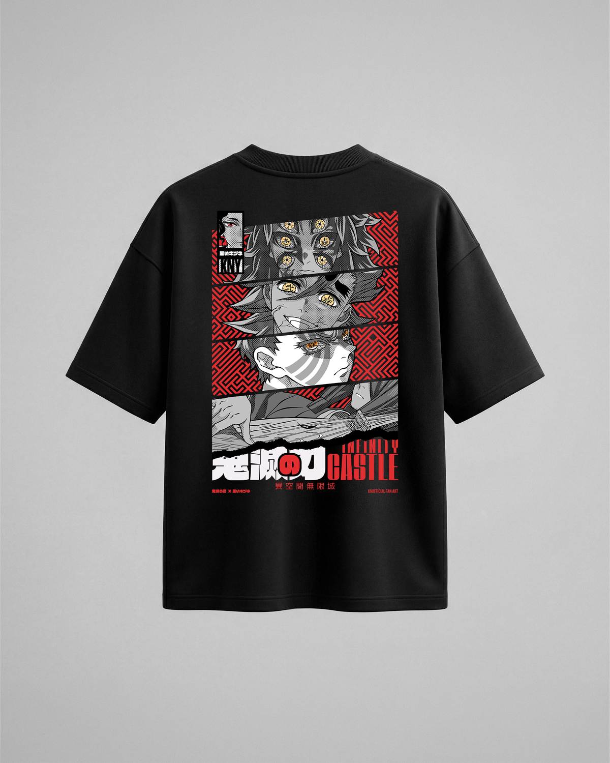 Camiseta oversize Upper Rank Moons de Demon Slayer, color negro, estampado rojo, segunda versión, vista trasera