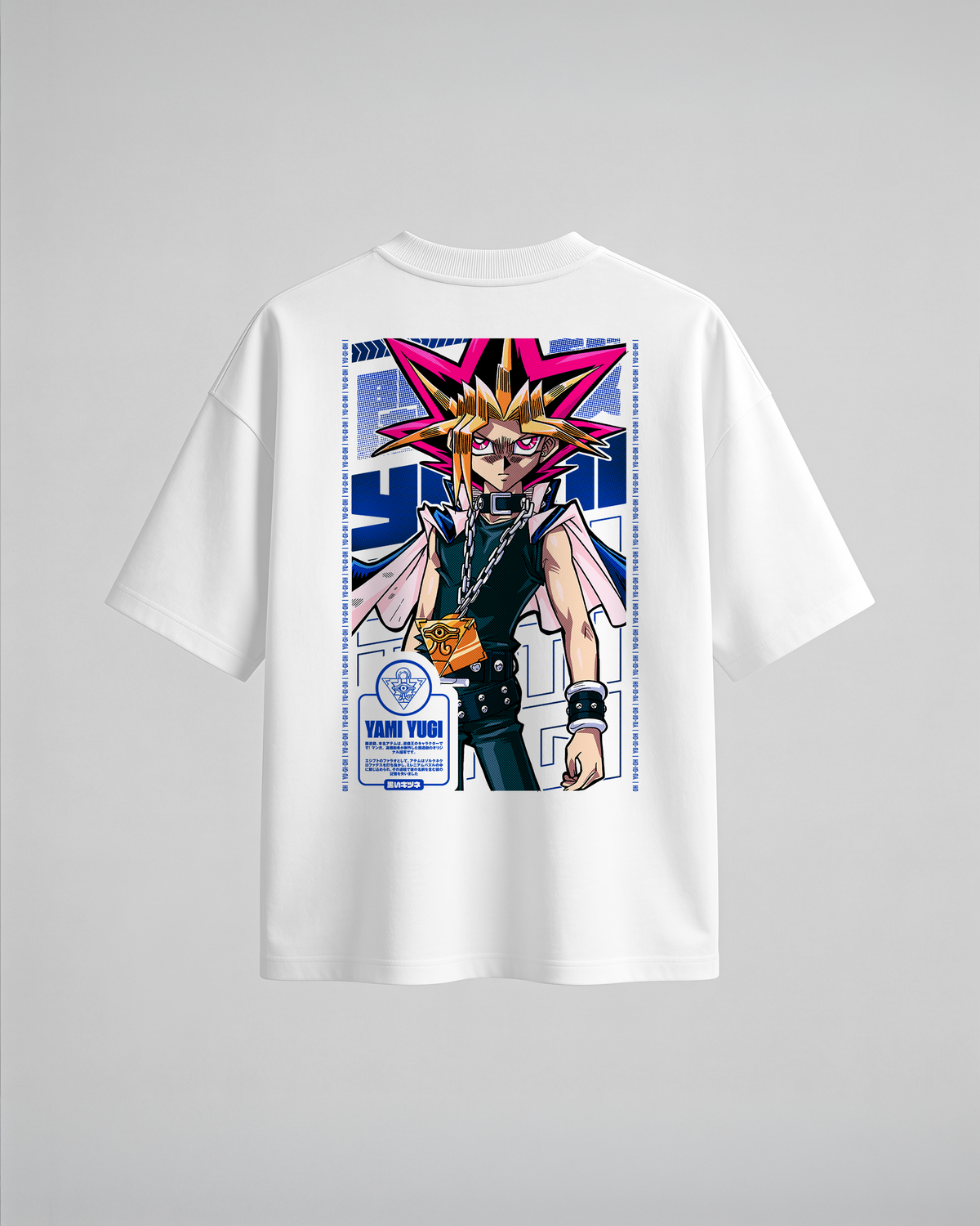 Camiseta oversize Yami Yugi de Yu-Gi-Oh, color blanco, estampado azul, vista trasera