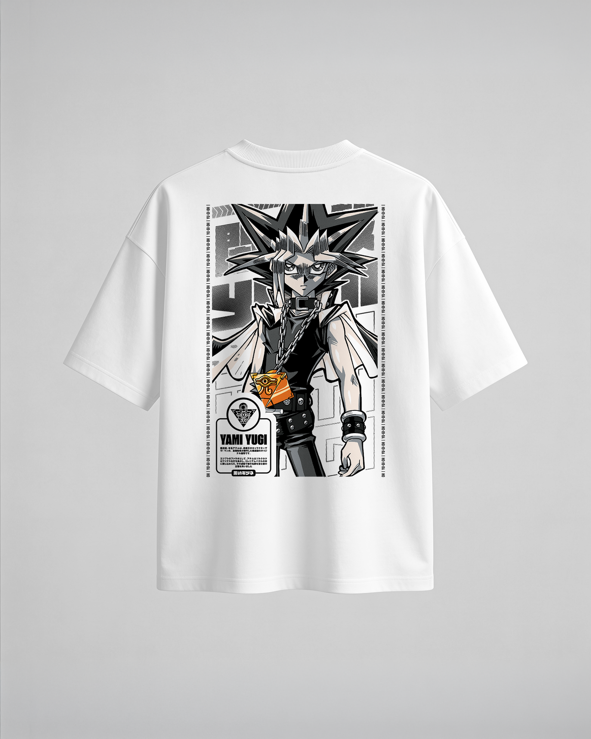 Camiseta oversize Yami Yugi de Yu-Gi-Oh, color blanco, estampado naranja, vista trasera