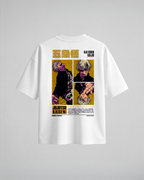 Camiseta oversize Young Gojo SDC de Jujutsu Kaisen, color blanco, estampado naranja, vista trasera